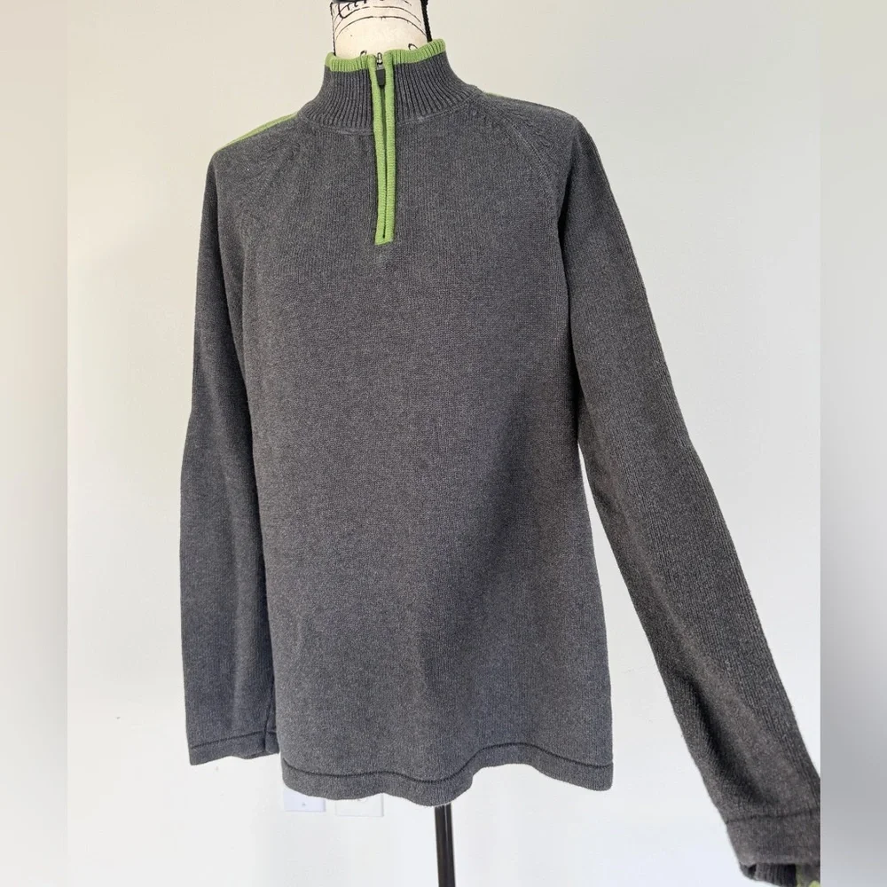 Eddie Bauer Sweater Pullover 1/4 Zip Charcoal/Lime Green Sz L 100%Cotton Grandpa